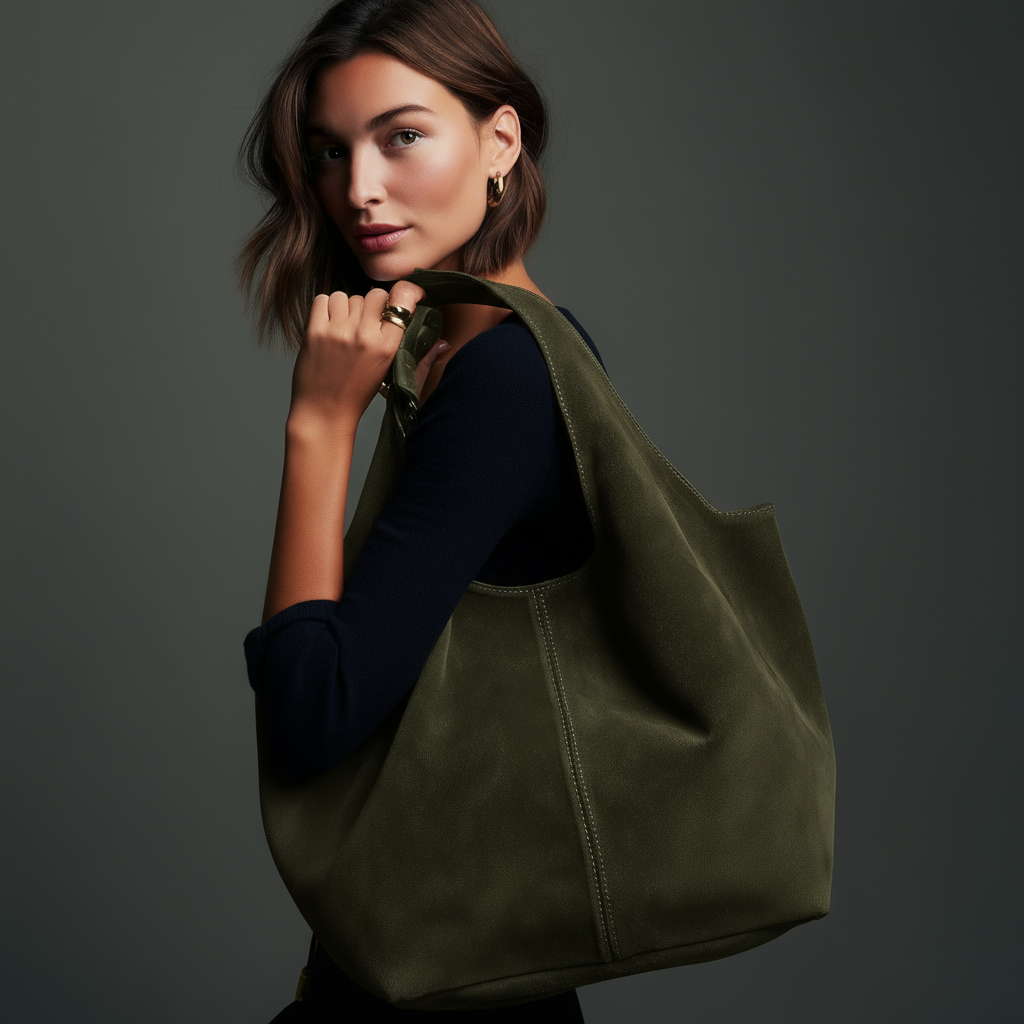 Giannina Suede Leather Shoulder Tote Bag With Internal Pouch by Clemés (Dark Olive)