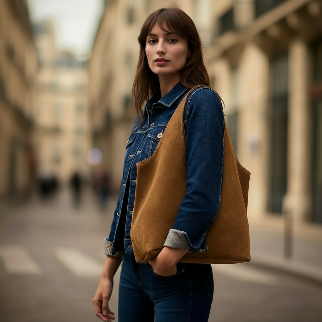 Giannina Suede Leather Shoulder Tote Bag With Internal Pouch by Clemés (Tan)