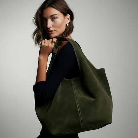Giannina Suede Leather Shoulder Tote Bag With Internal Pouch by Clemés (Dark Olive)