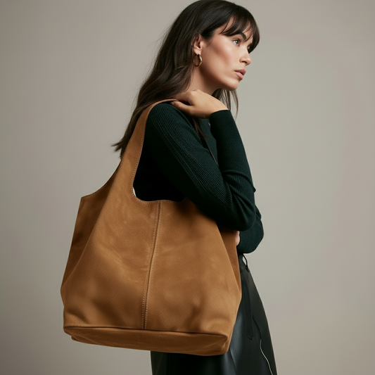 Giannina Suede Leather Shoulder Tote Bag With Internal Pouch by Clemés (Tan)