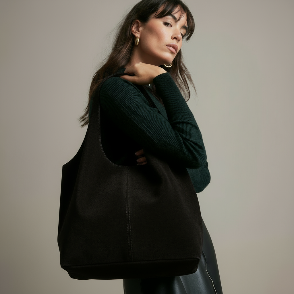 Giannina Suede Leather Shoulder Tote Bag With Internal Pouch by Clemés (Black)