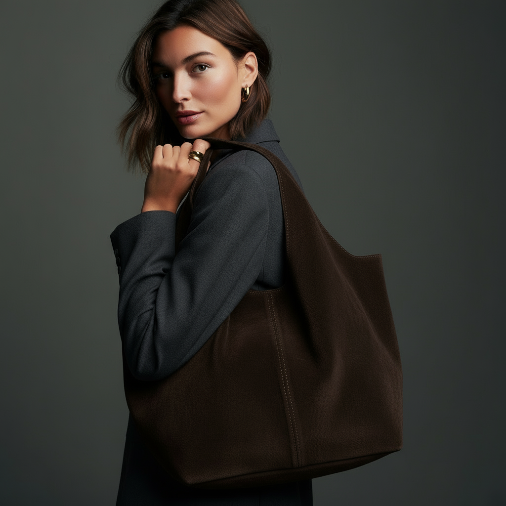 Giannina Suede Leather Shoulder Tote Bag With Internal Pouch by Clemés (Dark Chocolate)