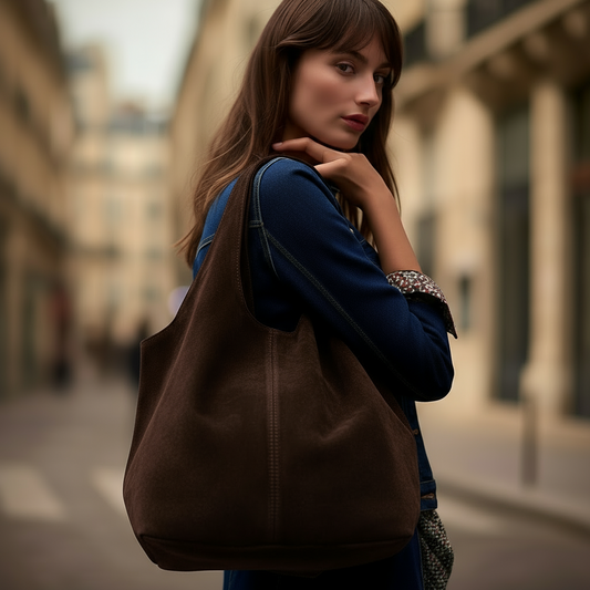 Giannina Suede Leather Shoulder Tote Bag With Internal Pouch by Clemés (Dark Chocolate)