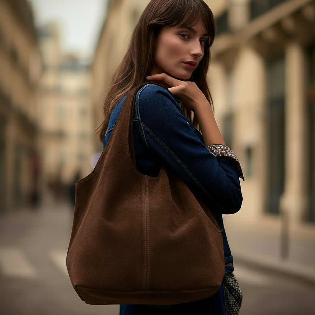 Giannina Suede Leather Shoulder Tote Bag With Internal Pouch by Clemés (Chocolate)