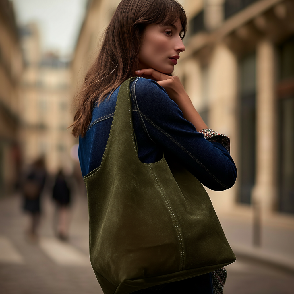 Giannina Suede Leather Shoulder Tote Bag With Internal Pouch by Clemés (Dark Olive)