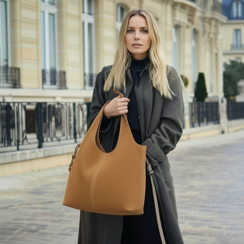 Giannina Suede Leather Shoulder Tote Bag With Internal Pouch by Clemés (Tan)