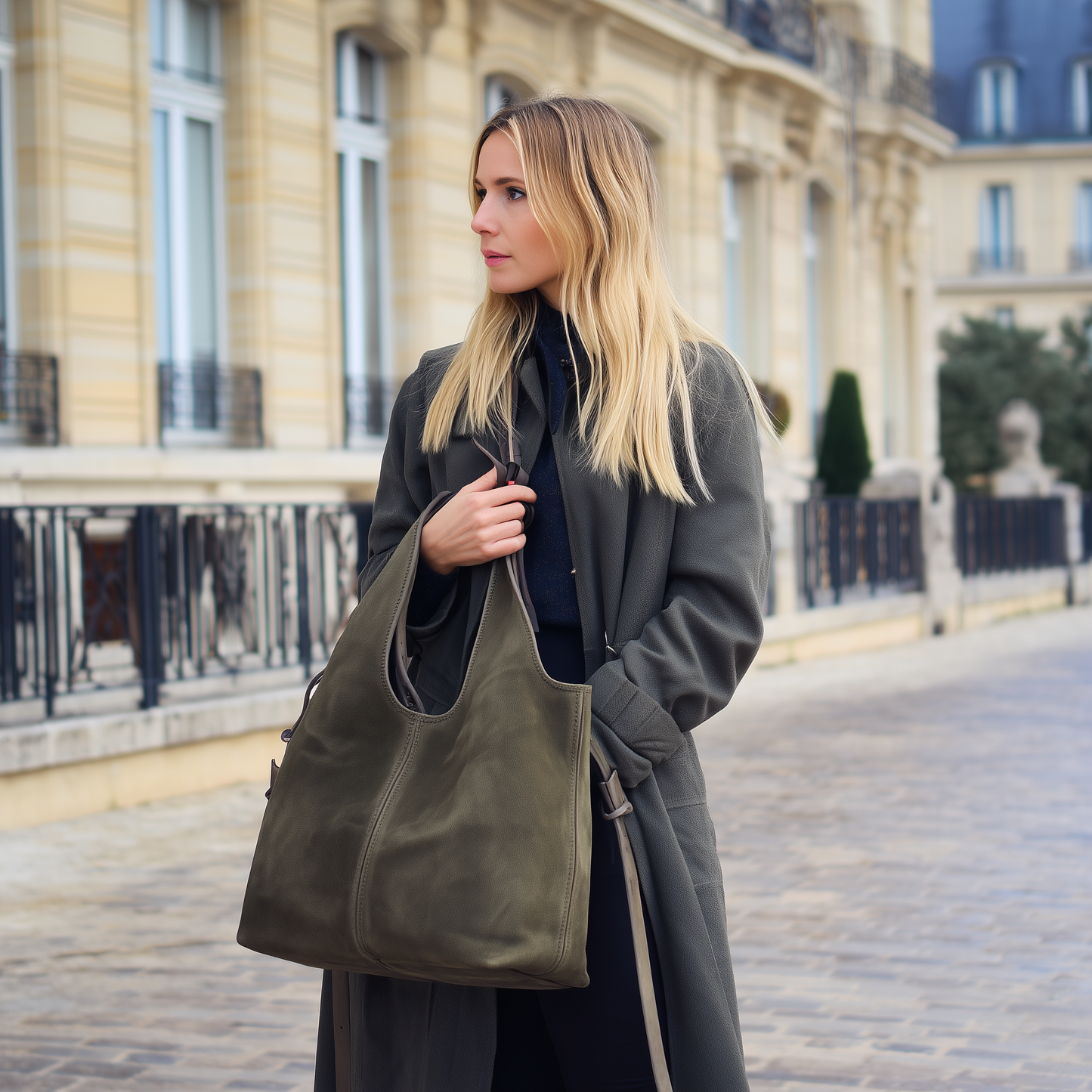 Giannina Suede Leather Shoulder Tote Bag With Internal Pouch by Clemés (Dark Olive)