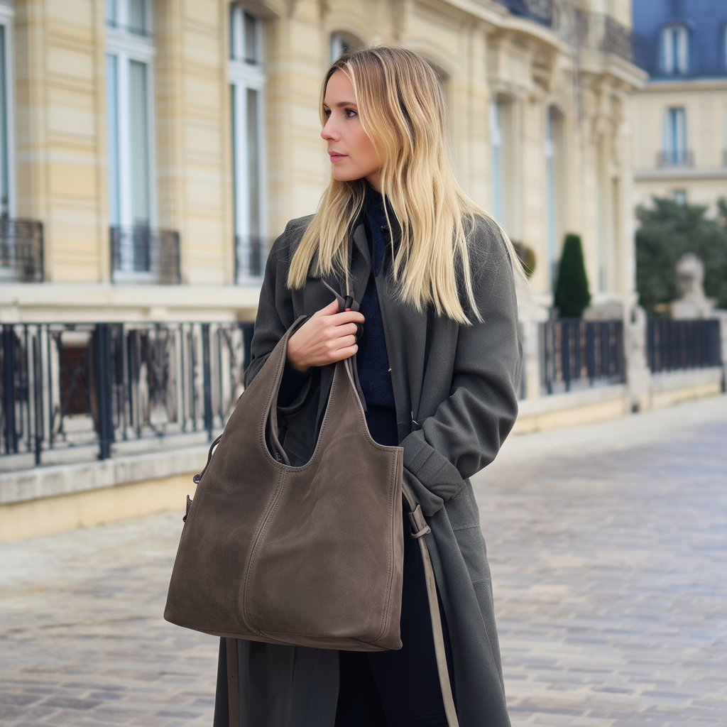 Giannina Suede Leather Shoulder Tote Bag With Internal Pouch by Clemés (Taupe)