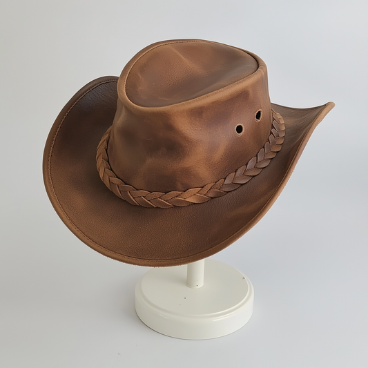 Genuine Cowhide Leather Handmade Western Outback Cowboy Hat, Maven, Chestnut Brown