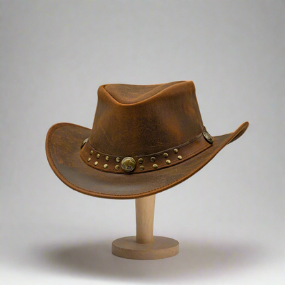 Genuine Cowhide Leather Handmade Western Outback Cowboy Hat, Drifter, Mocha