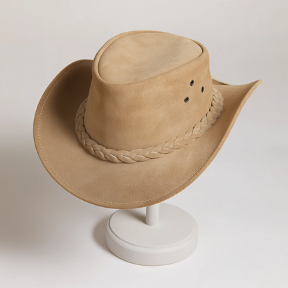 Genuine Suede Leather Handmade Outback Western Cowboy Hat, Maven, Camel