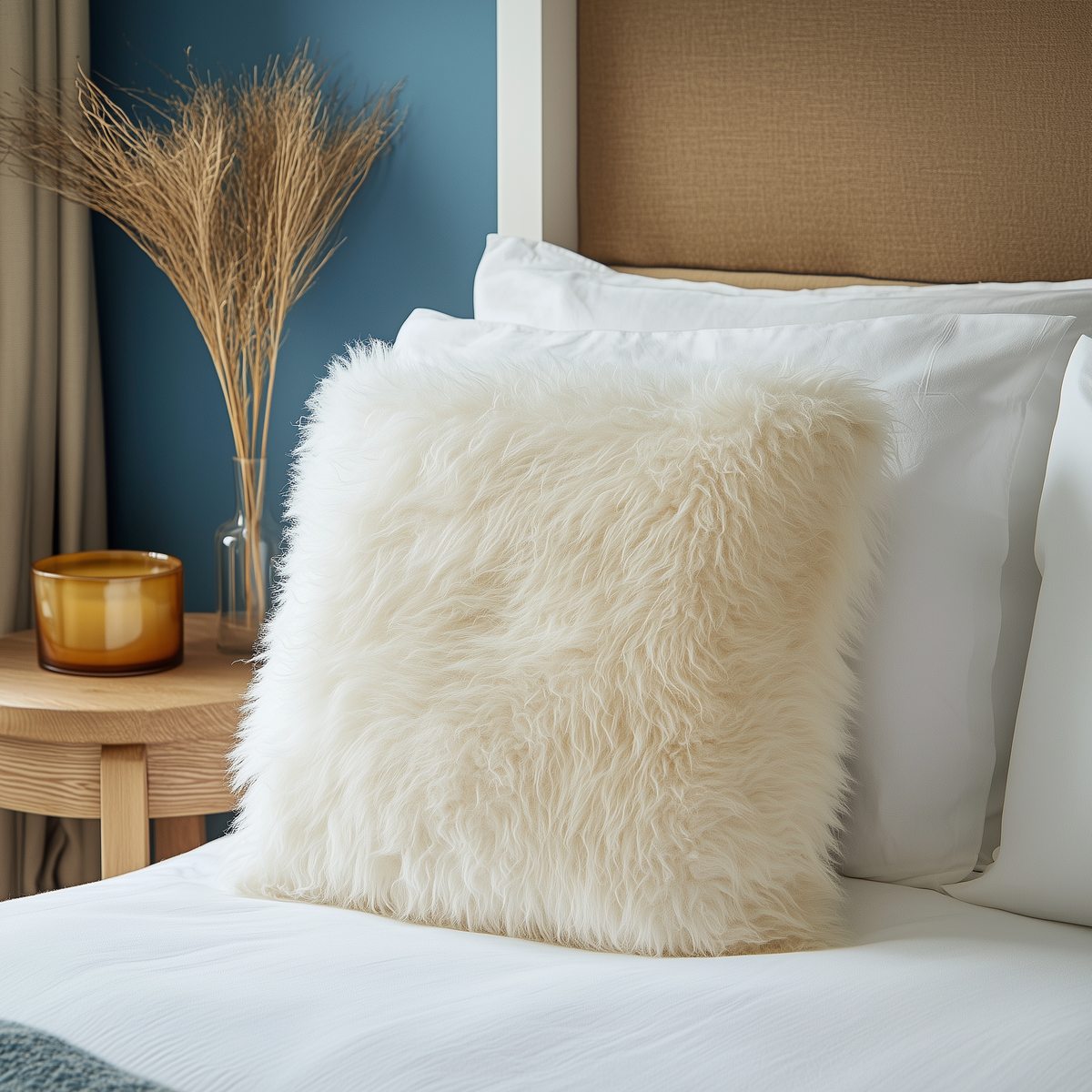 Ivory sheepskin cushion styled in a bedroom