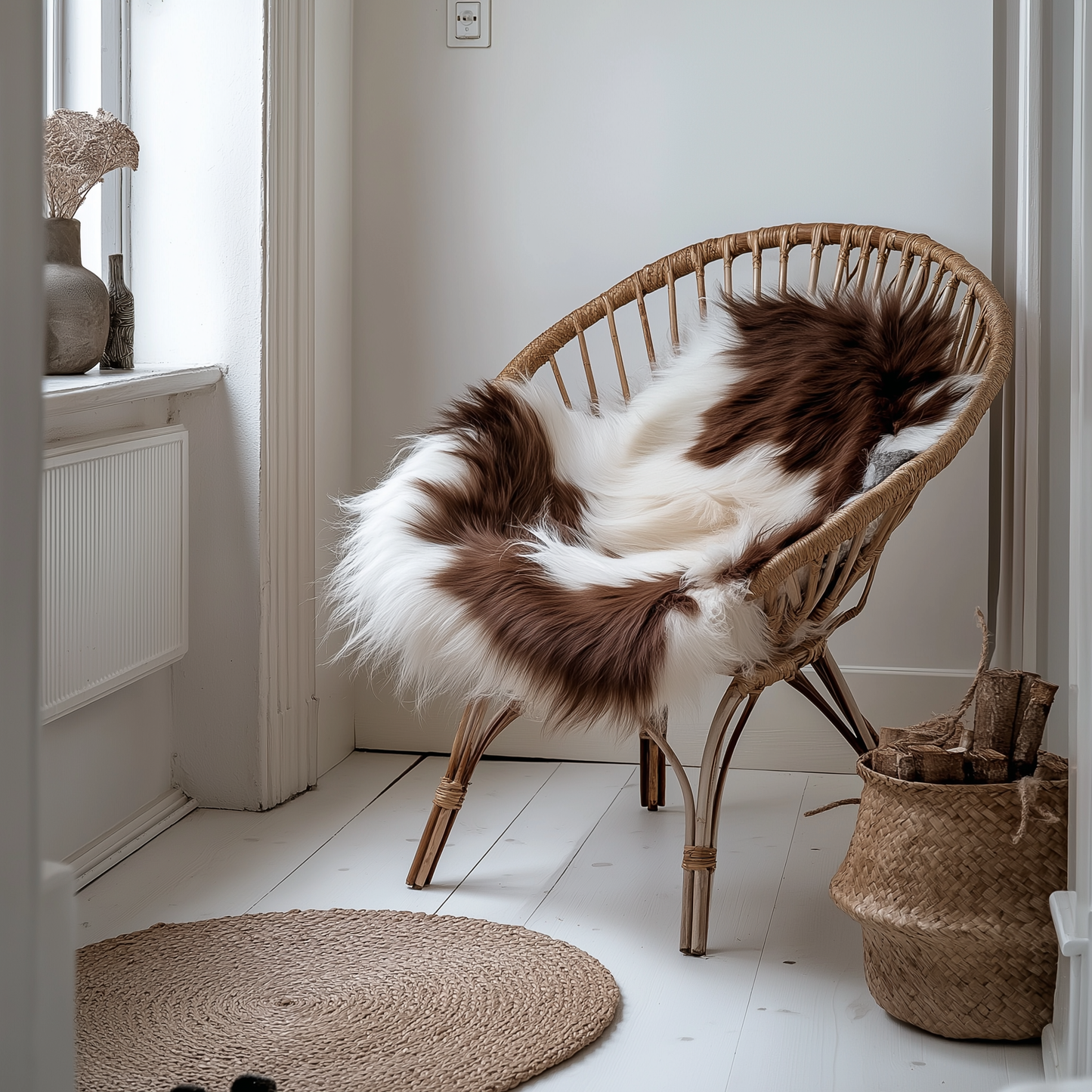 Natural Premium Argentine Criollo Long Hair Goatskin W65 x L75, Chocolate & Ivory