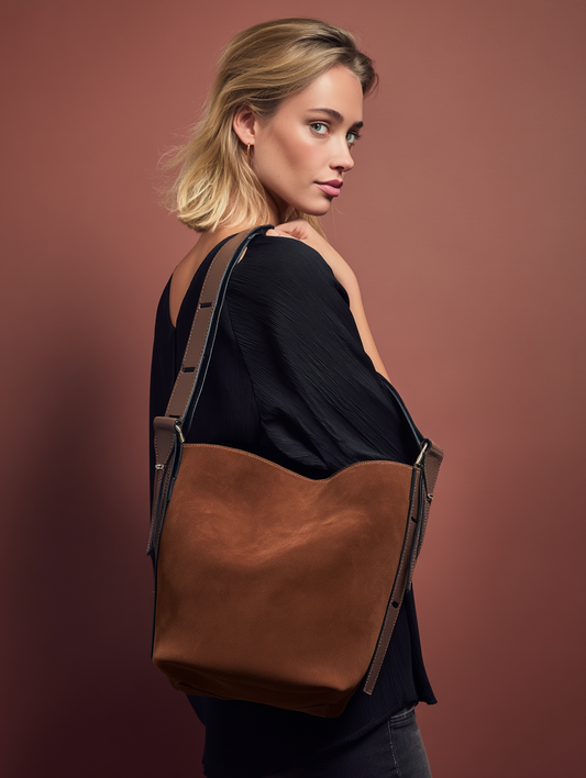 Serena Suede & Leather Bucket Shoulder Bag, by Clemés