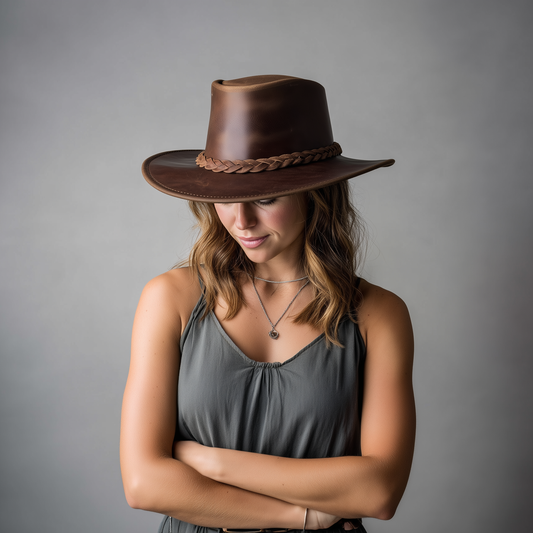 Genuine Cowhide Leather Handmade Western Outback Cowboy Hat, Maven, Chestnut Brown