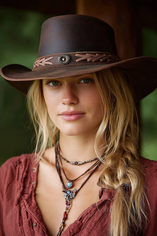 Genuine Cowhide Leather Handmade Western Outback Cowboy Hat, Pioneer, Mocha