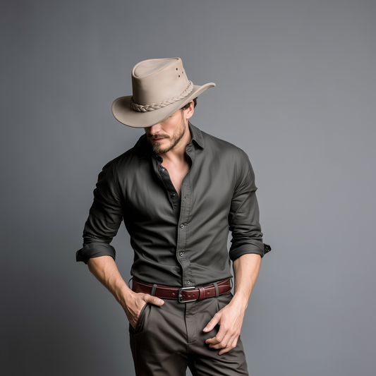 Suede Leather Handmade Outback Western Cowboy Hat, Maven, Camel
