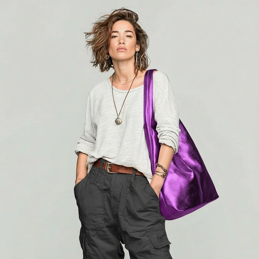 Silvia Metallic Suede Slouch Bag by Clemés, Purple