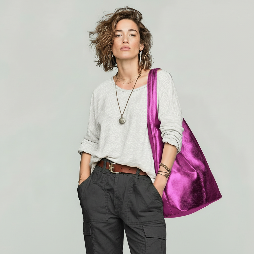 Silvia Metallic Suede Slouch Bag by Clemés, Fuchsia