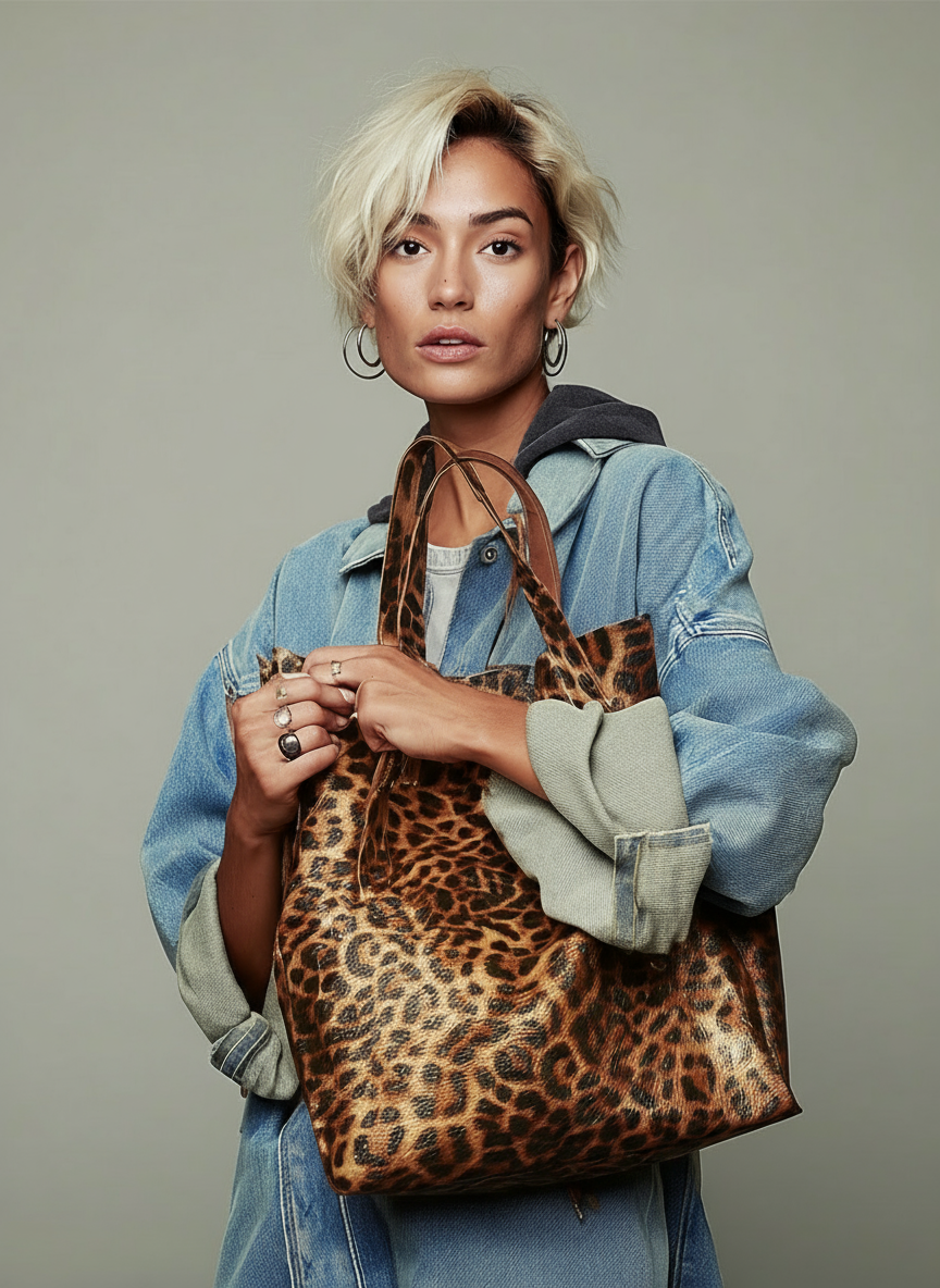 Lupa Leopard Print Leather Shopper Bag with Pouch by Clemés