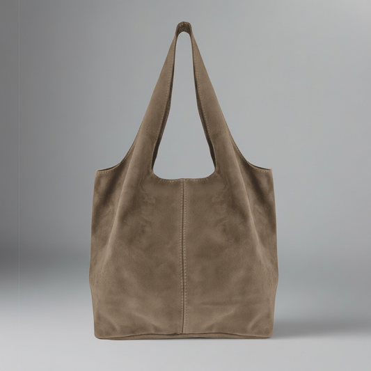 Giannina Suede Leather Shoulder Tote Bag With Internal Pouch by Clemés (Taupe)