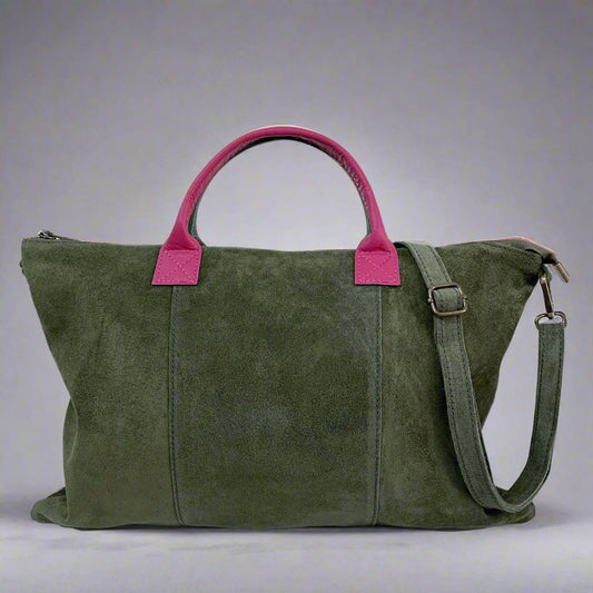 Milano Suede Bag, Olive, with Adjustable Shoulder Strap, Fuchsia & Green Leather Handles by Clemés