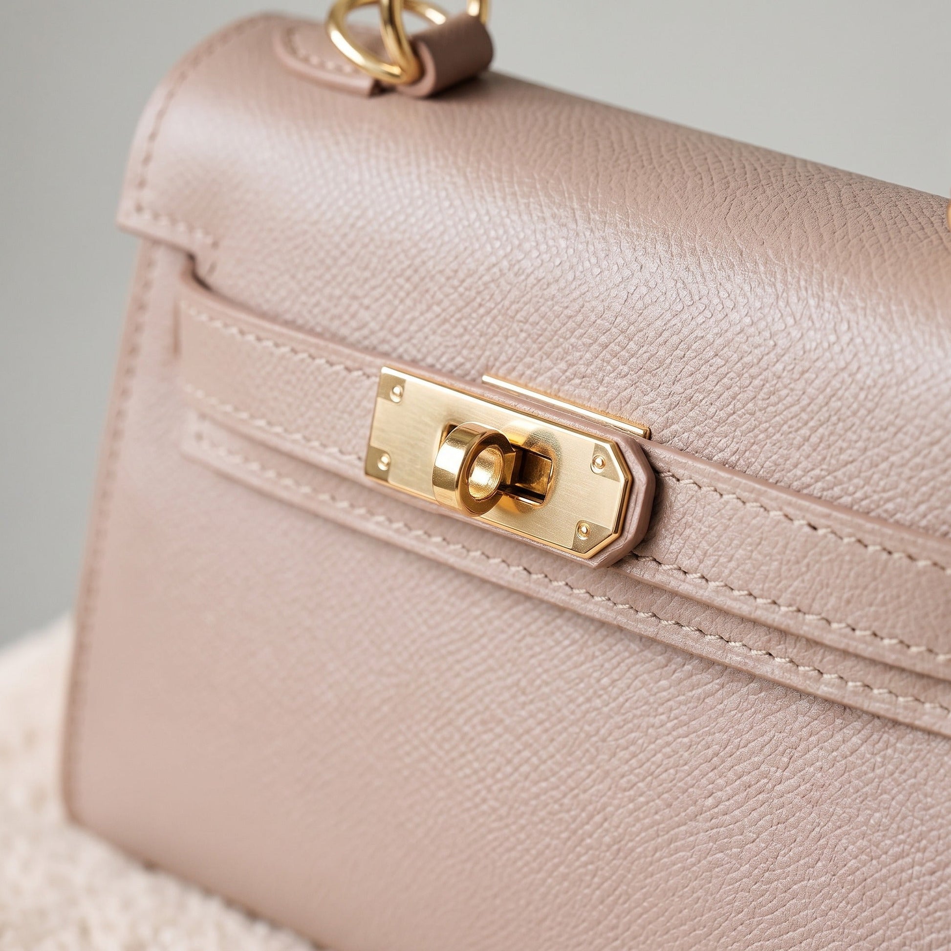 Gold-tone turn-lock clasp and Epsom grain detail on the Dusty Rose Mini Kelly-Inspired handbag by Clemés