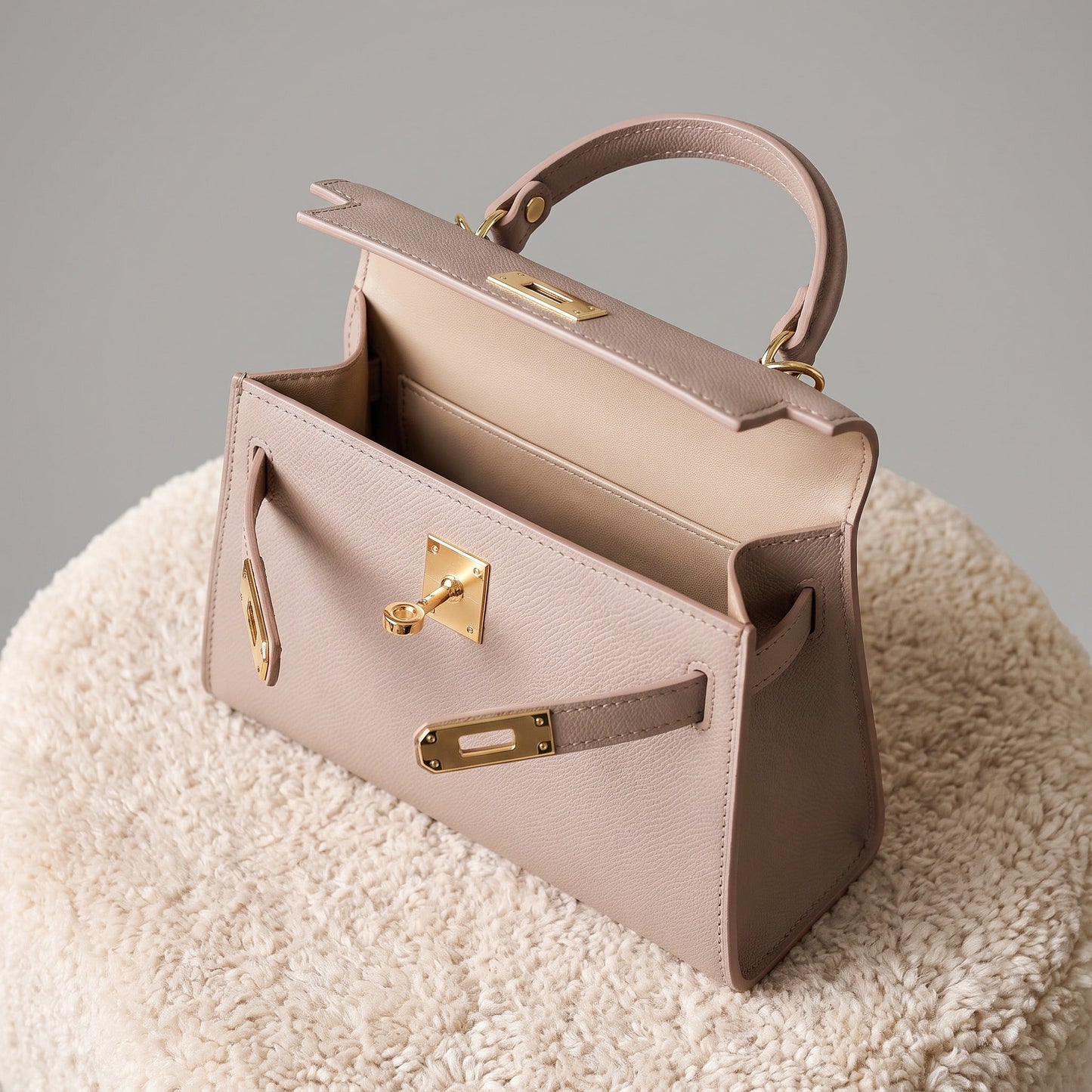 The Dusty Rose Mini Kelly-Inspired handbag by Clemés shown open, lined interior