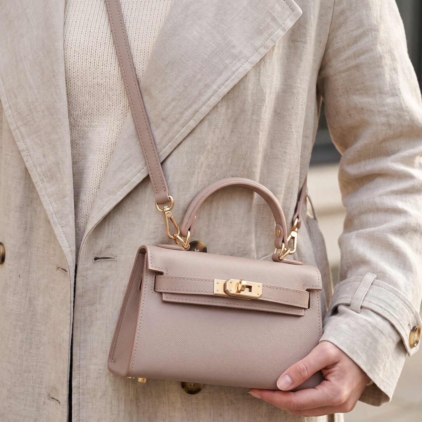 Woman wearing the Dusty Rose Mini Kelly-Inspired handbag by Clemés crossbody at the hip