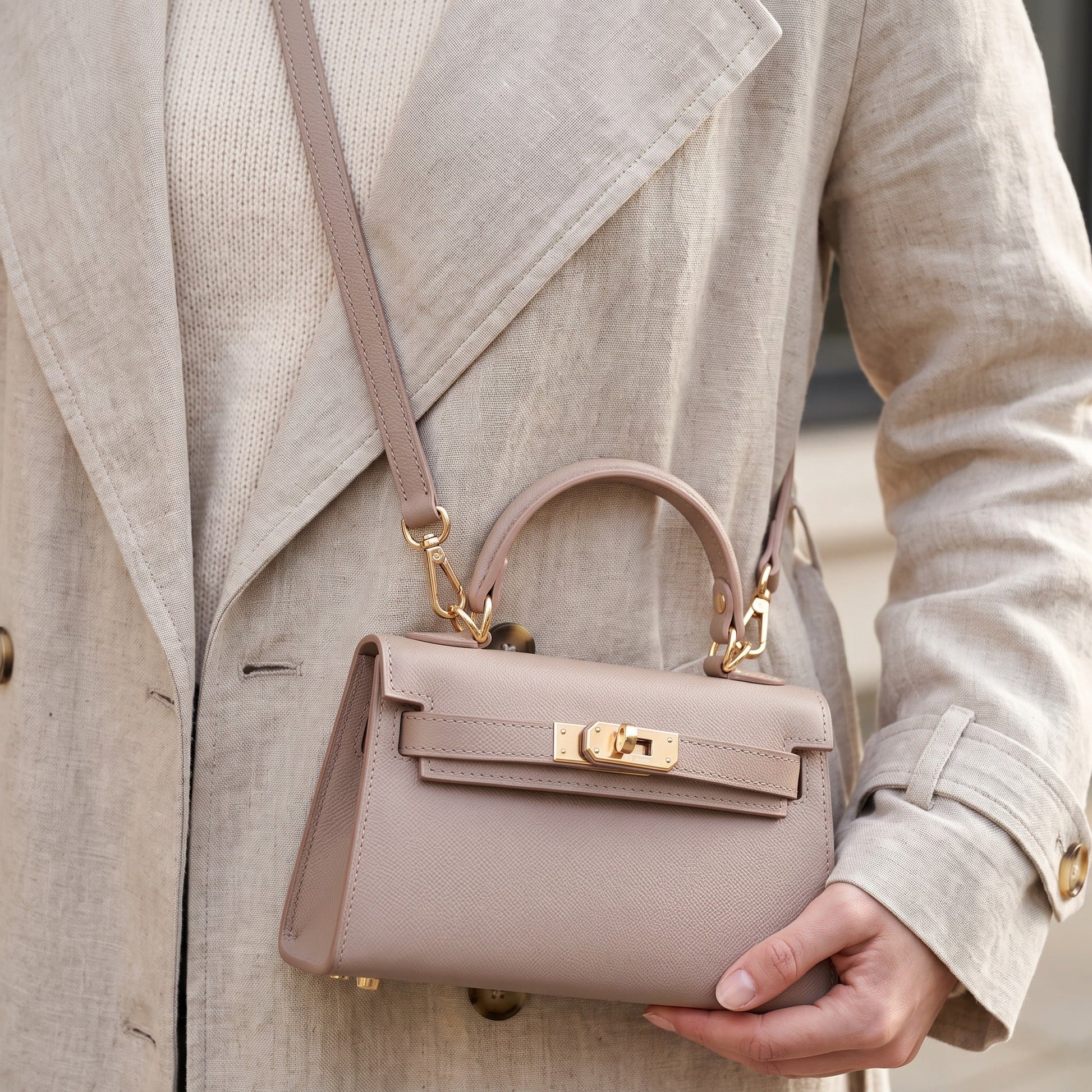Woman wearing the Dusty Rose Mini Kelly-Inspired handbag by Clemés crossbody at the hip