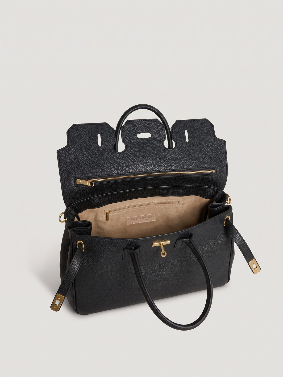 Letizia Black Calfskin Bag by Clemés – flap open showing the interior