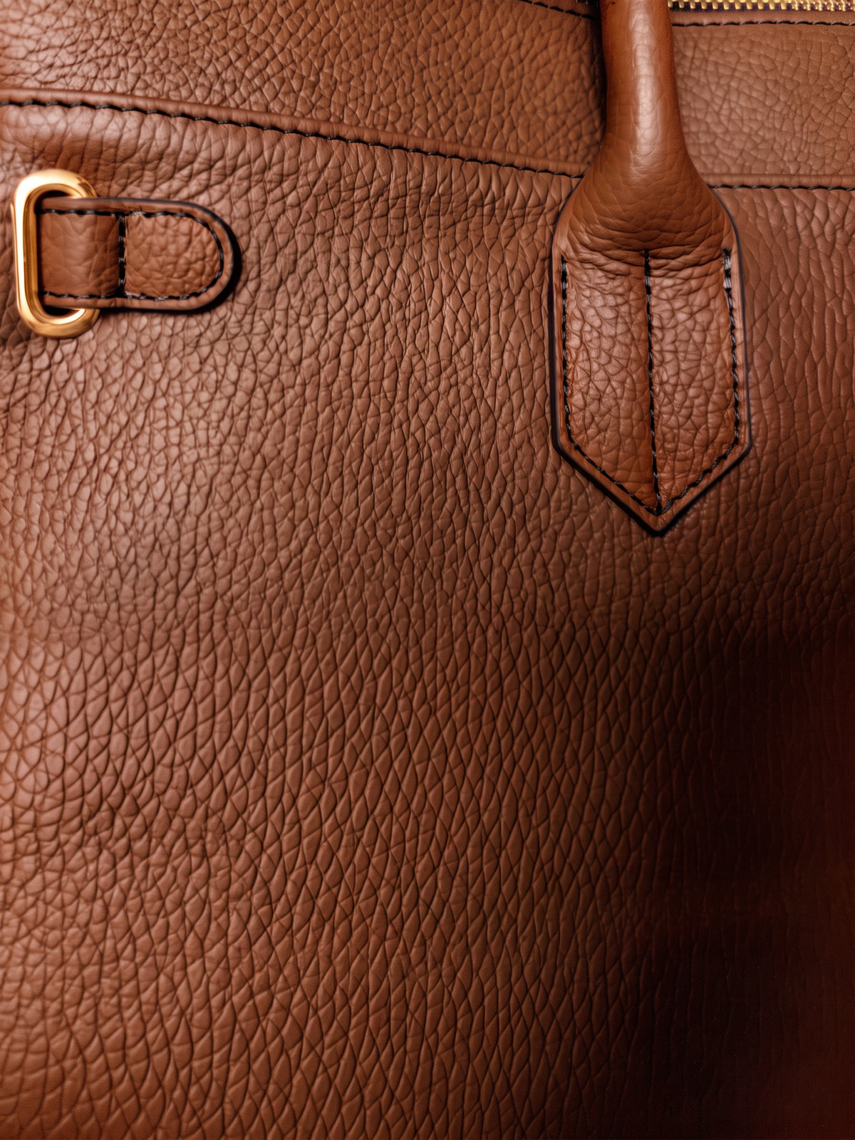 Letizia Cognac Calfskin Bag by Clemés – leather and handle-tab detail