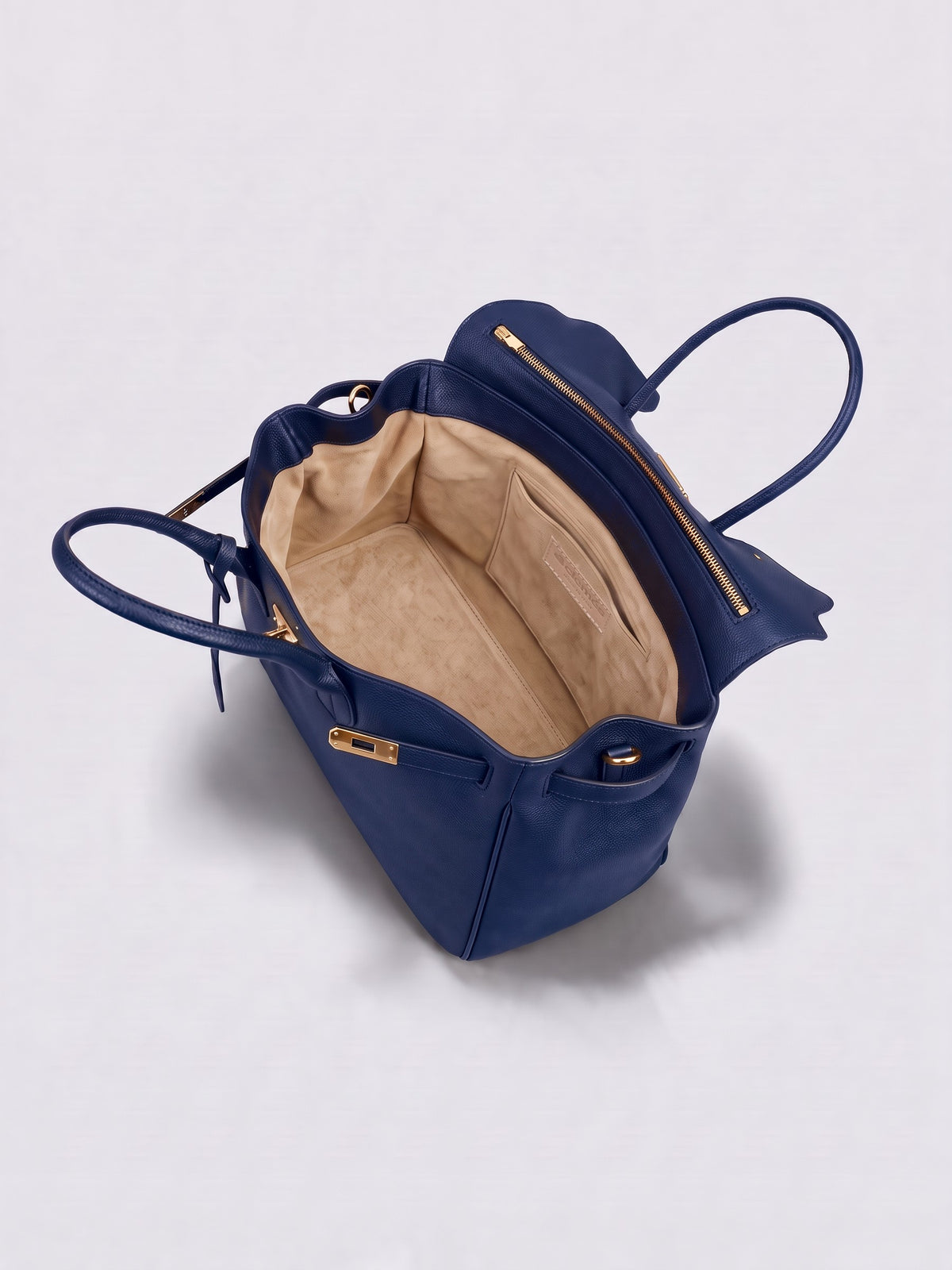 Letizia Navy Calfskin Bag by Clemés – open top-down view of the interior