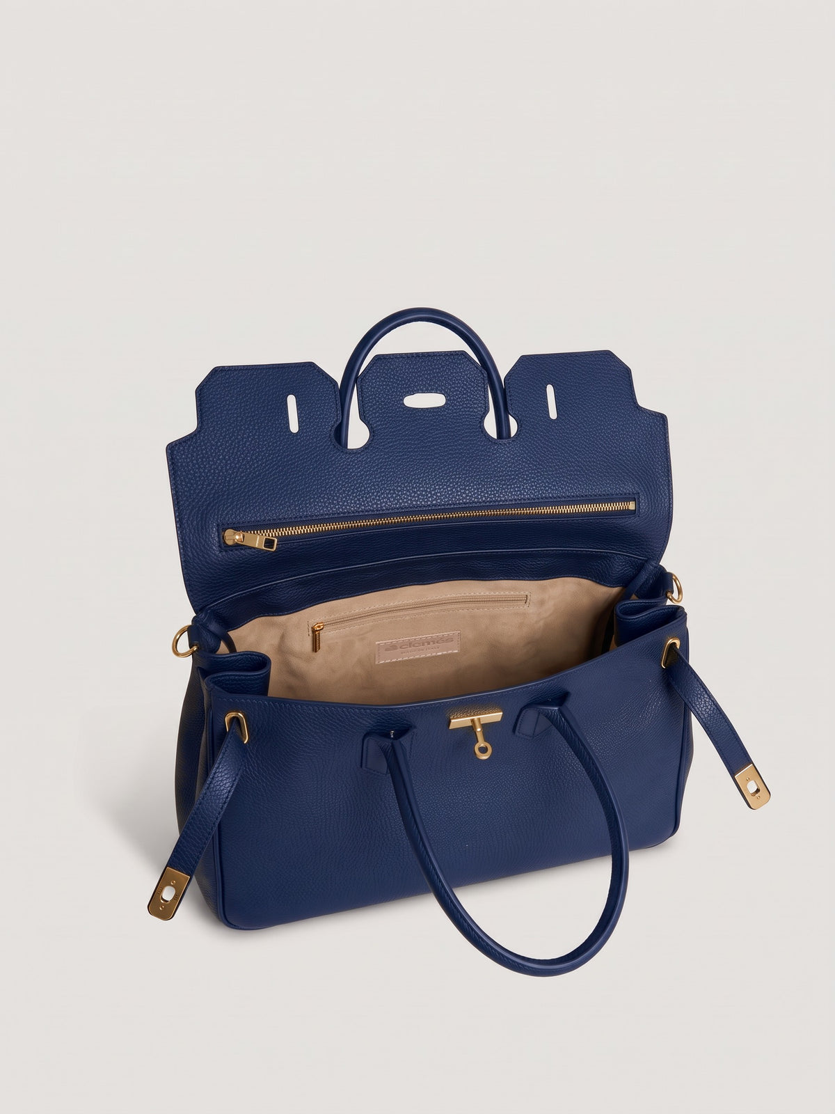 Letizia Navy Calfskin Bag by Clemés – flap open showing the interior