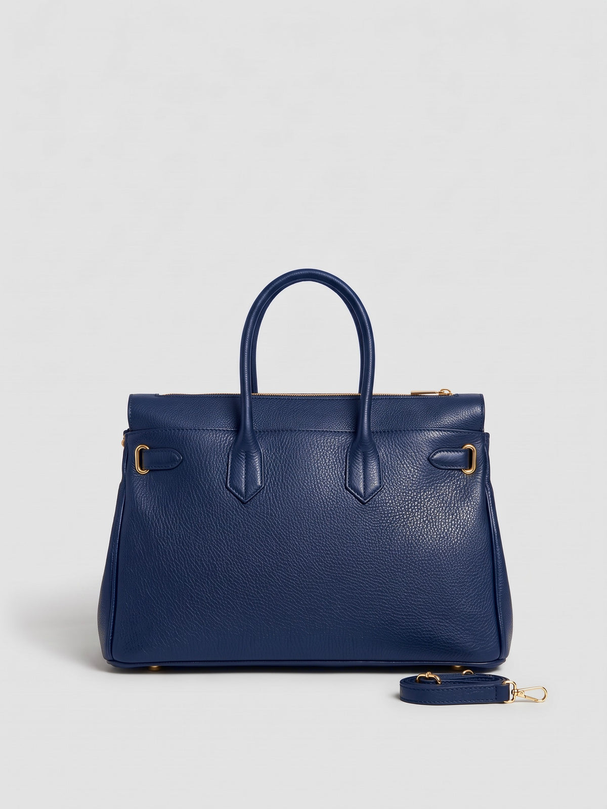Letizia Navy Calfskin Bag by Clemés – front view with strap beside the bag