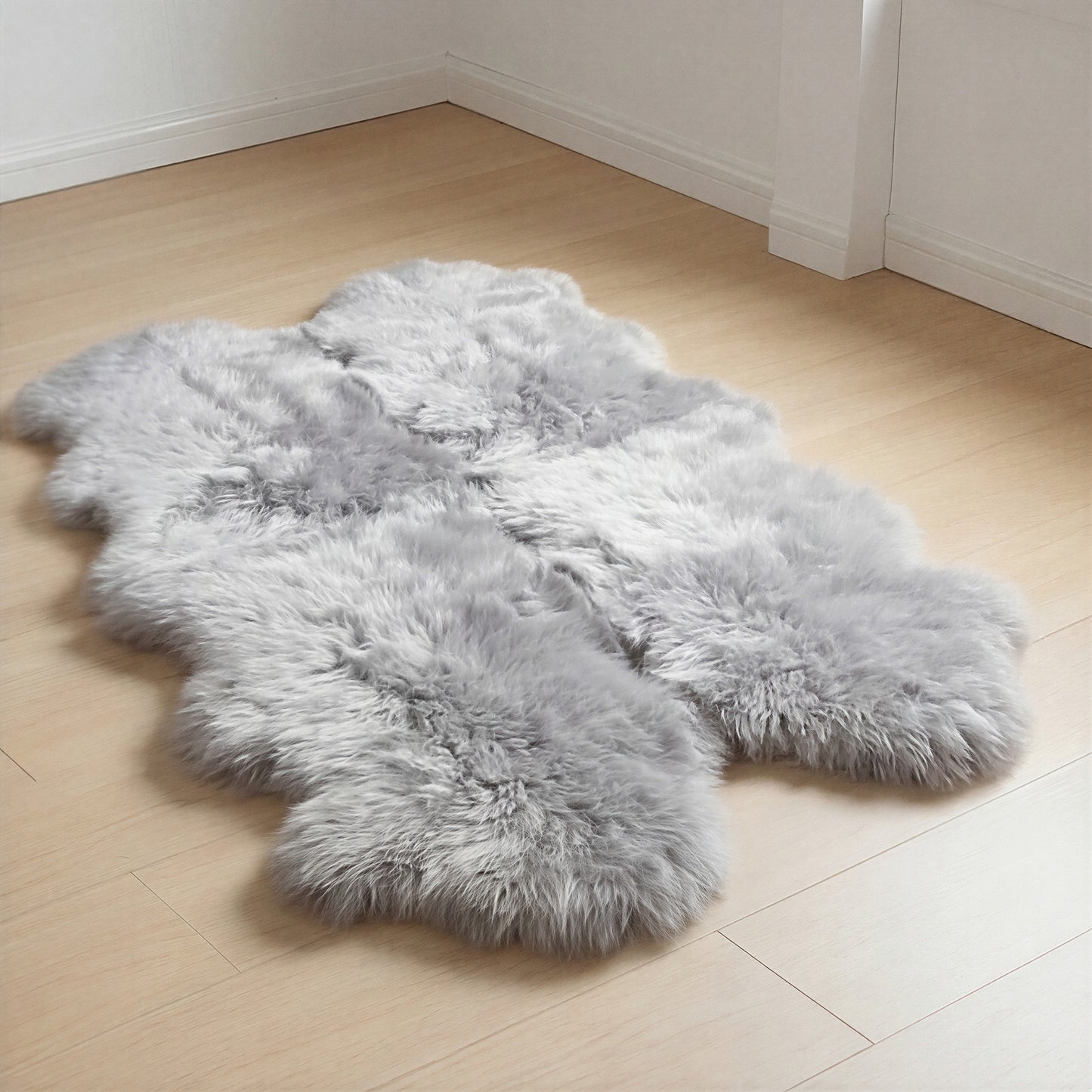 Quad New Zealand Sheepskin Rug & Throw, 4-Pelt, Large, L180 x W105 cm, Silver