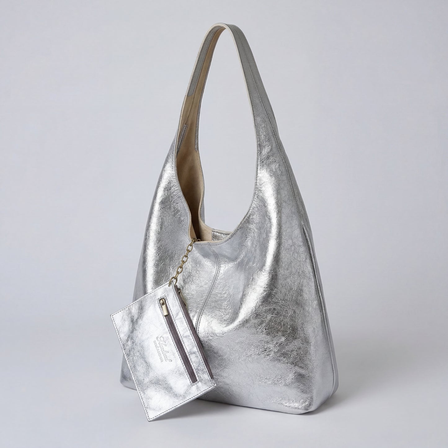 Silvia Metallic Suede Slouch Bag by Clemés, Silver