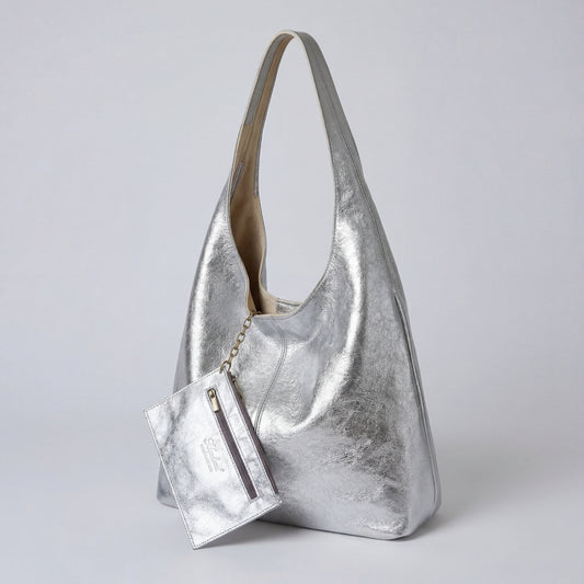 Silvia Metallic Suede Slouch Bag by Clemés, Silver