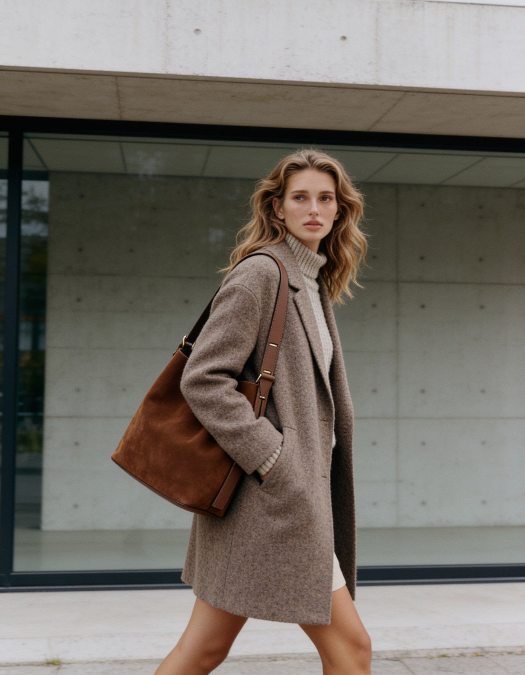 Woman wearing the Tan Serena bucket bag on her shoulder, walking on a city street