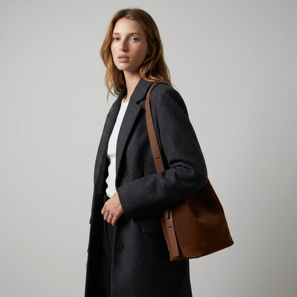 Woman wearing the Chocolate Serena bucket bag on her shoulder in a black coat