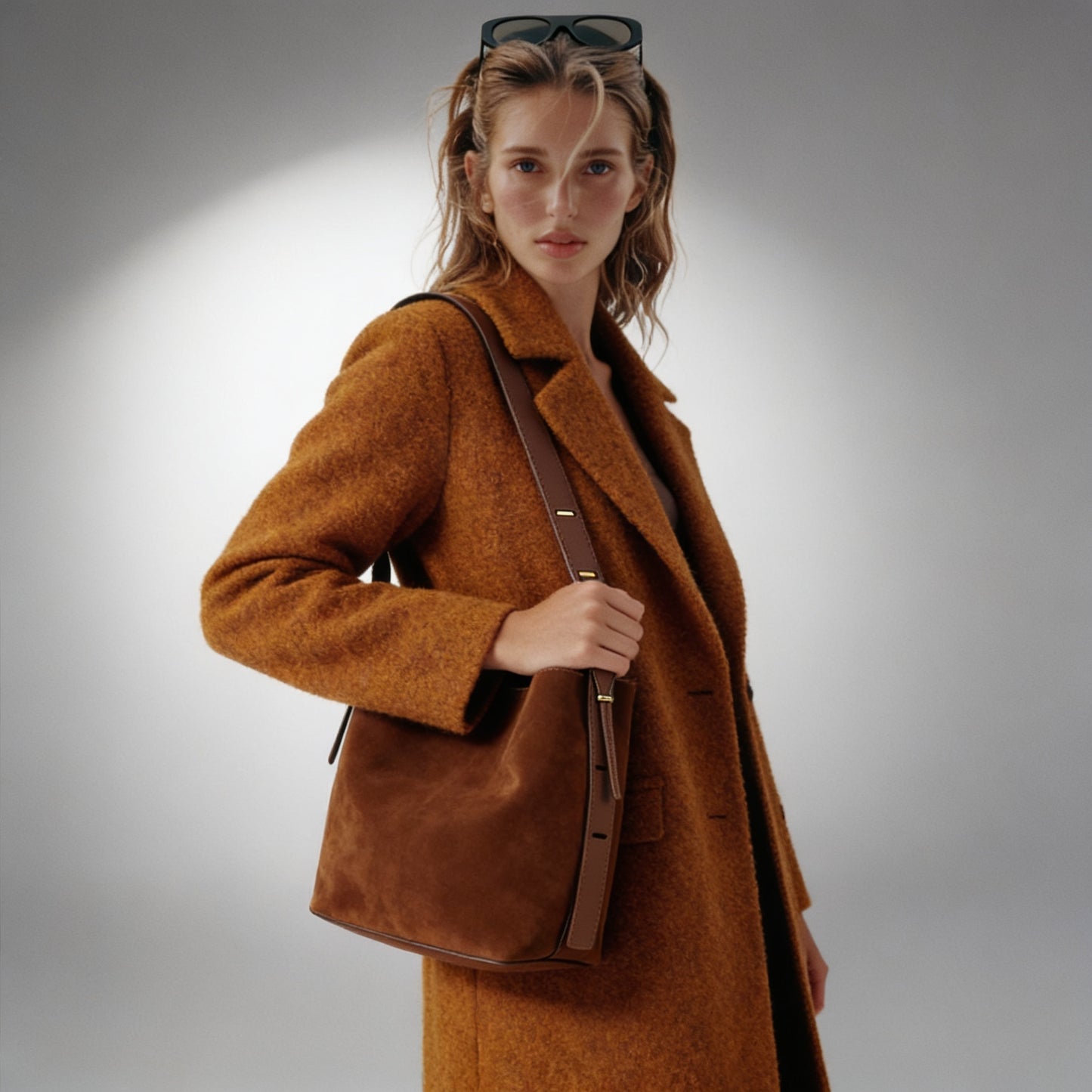 Woman wearing the Chocolate Serena bucket bag on her shoulder in a shearling coat