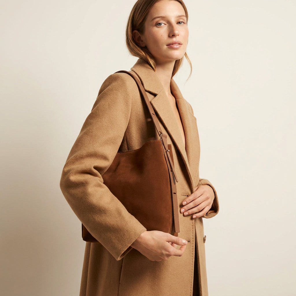 Woman holding the Tan Serena bucket bag against her torso in a camel coat