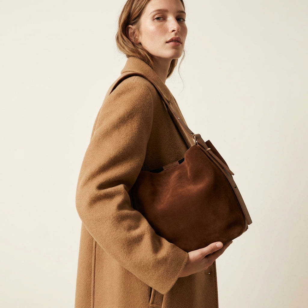 Woman holding the Chocolate Serena bucket bag in a camel coat