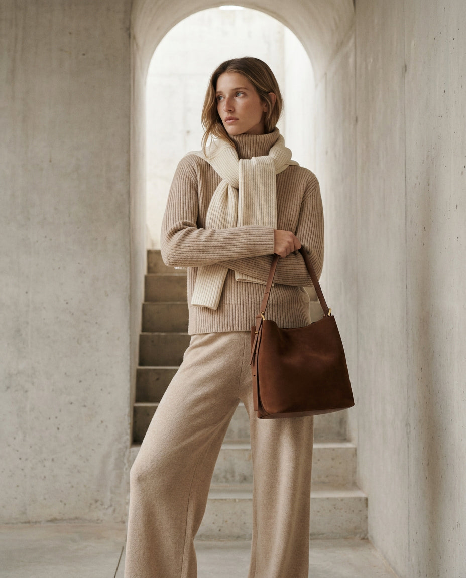 Woman wearing the Tan Serena bucket bag on her shoulder in a cream co-ord