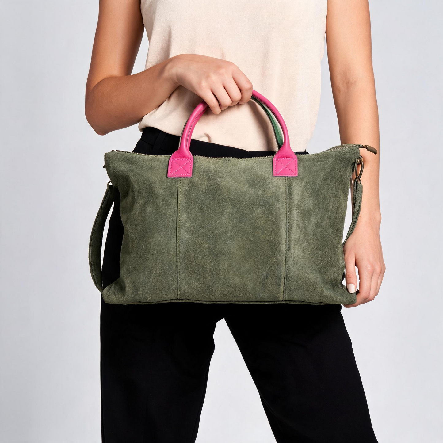 Milano Suede Bag, Olive, with Adjustable Shoulder Strap, Fuchsia & Green Leather Handles by Clemés