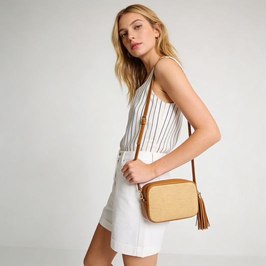 Éloise Raffia & Leather Tassel Camera Crossbody Bag by Clemés