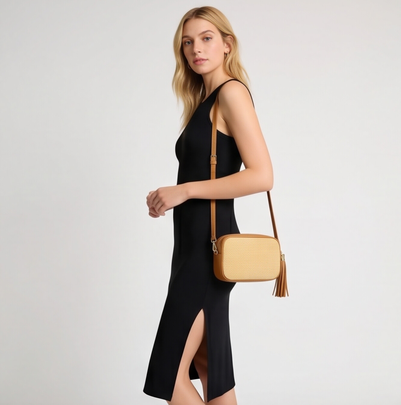 Éloise Raffia & Leather Tassel Camera Crossbody Bag by Clemés