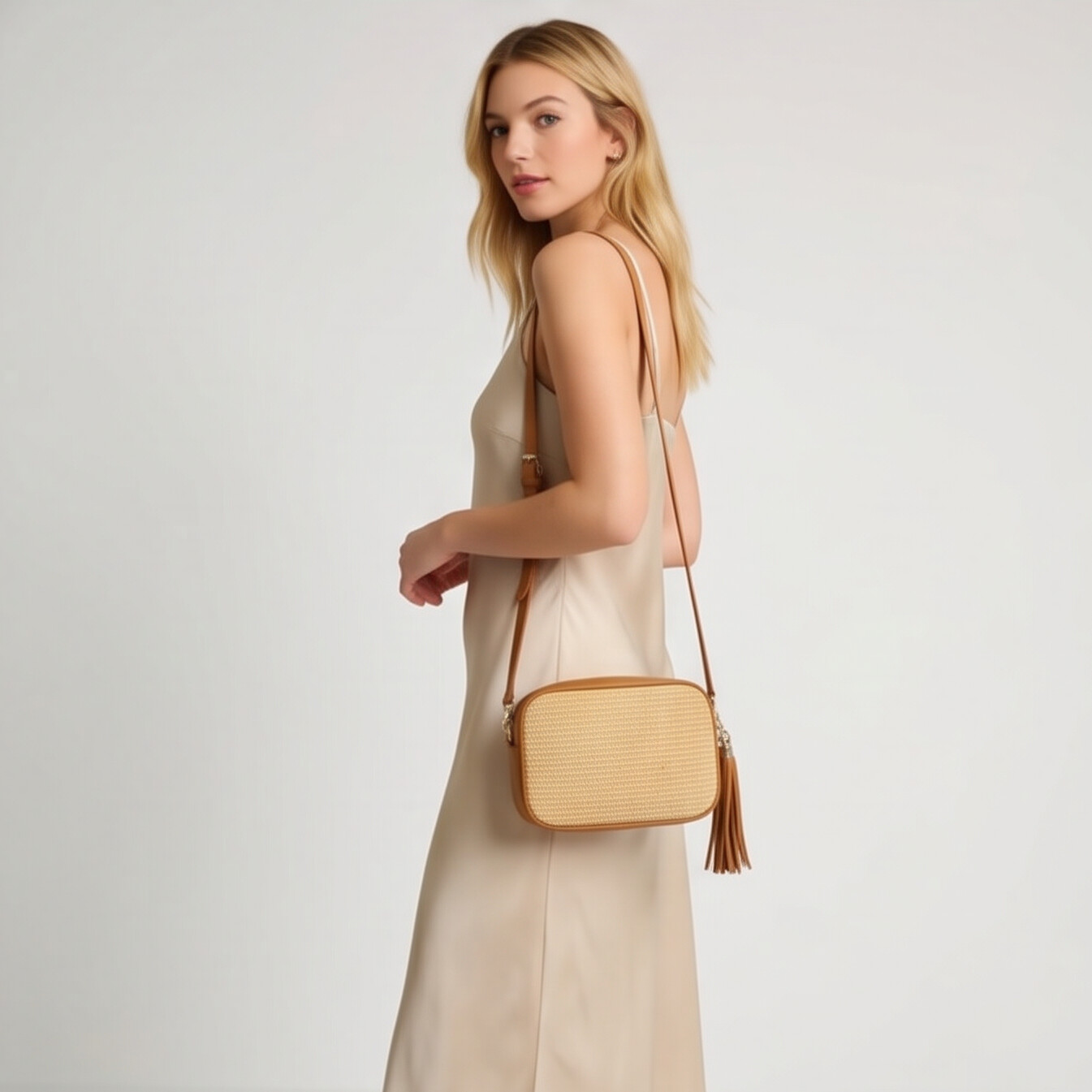 Éloise Raffia & Leather Tassel Camera Crossbody Bag by Clemés