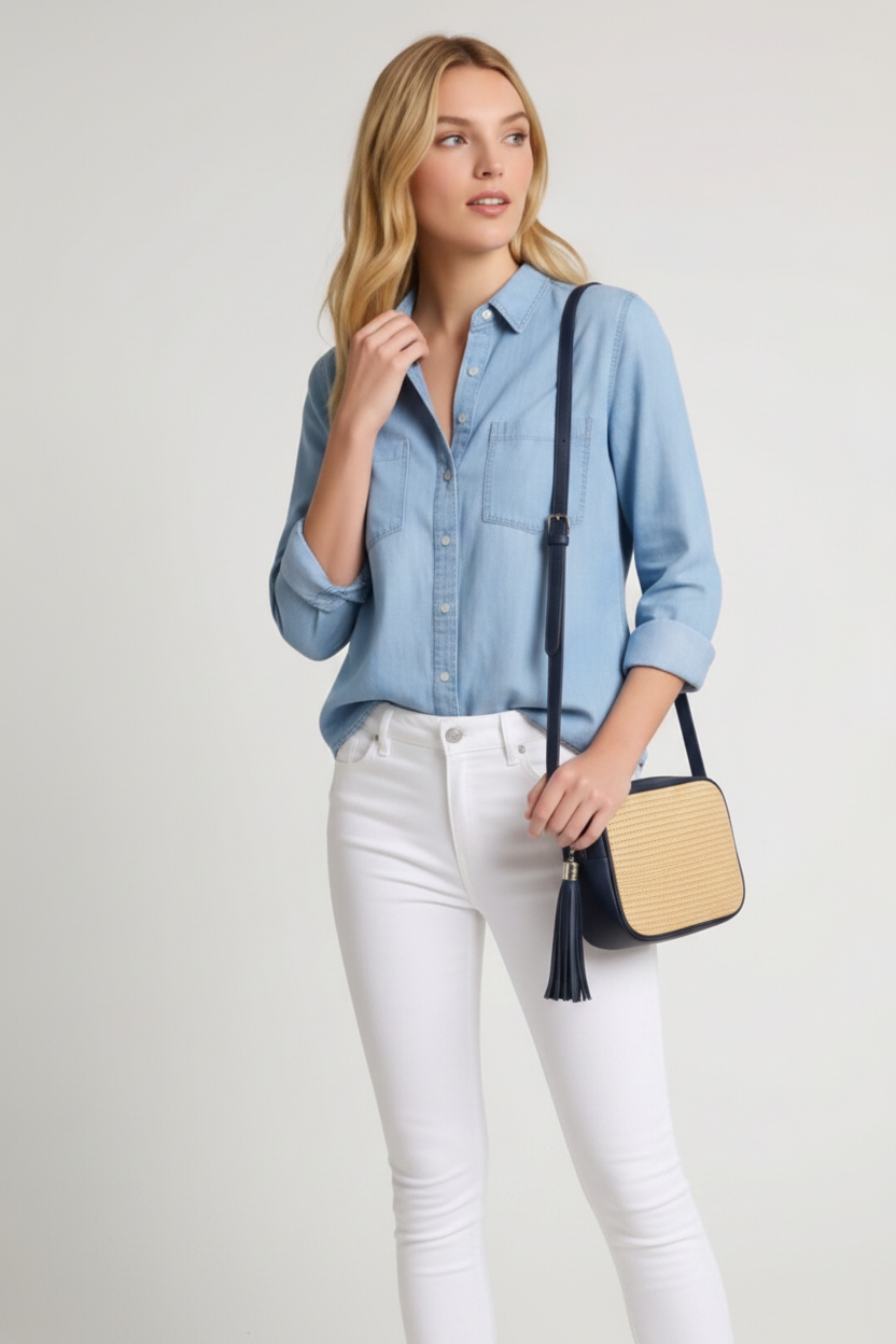 Éloise Raffia & Leather Tassel Camera Crossbody Bag by Clemés