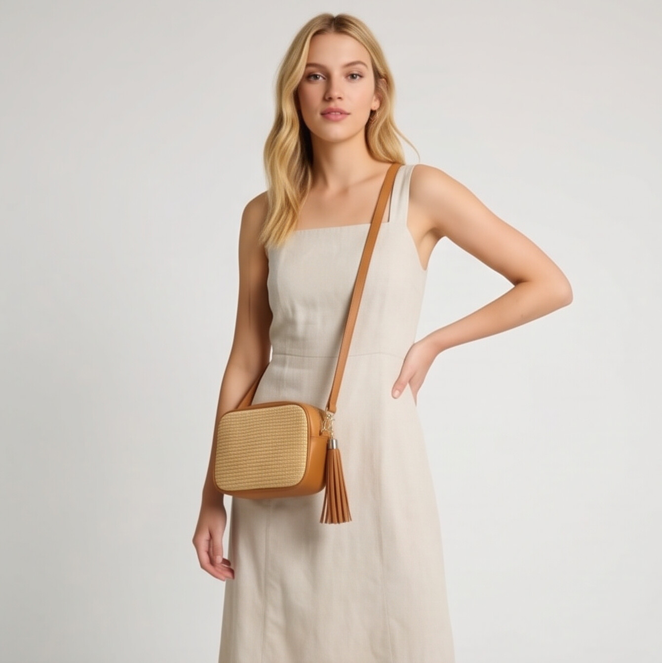 Éloise Raffia & Leather Tassel Camera Crossbody Bag by Clemés